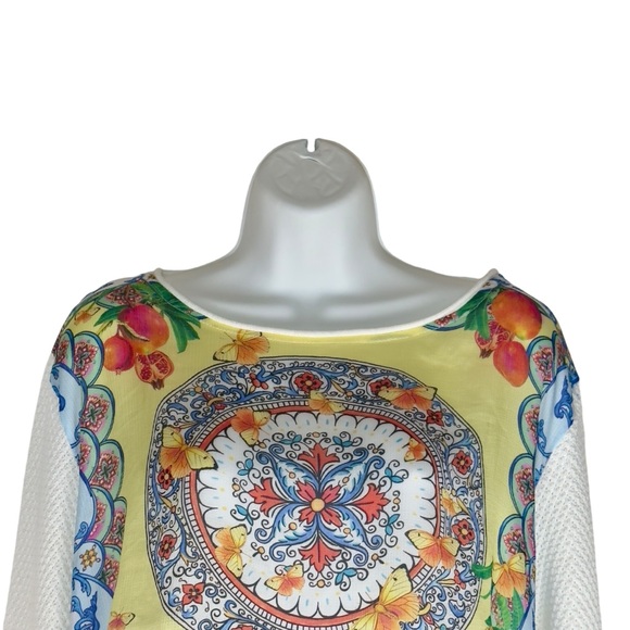 Farm Rio Boho Chic Yellow Mixed Print Mandala Butterfly Knit Pullover Top Medium - Picture 4 of 10